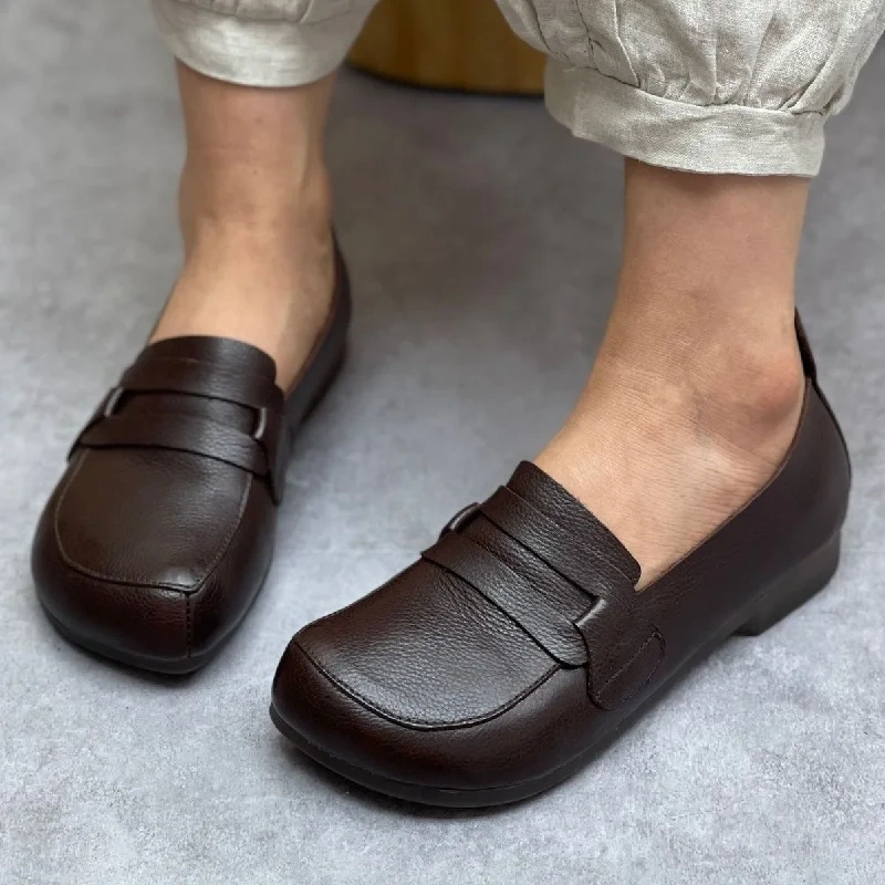 Spring Autumn New British Style Retro Flat Bottom Square Toe Shallow Slip-On Genuine Leather Women Casual Loafers Sneakers 2312