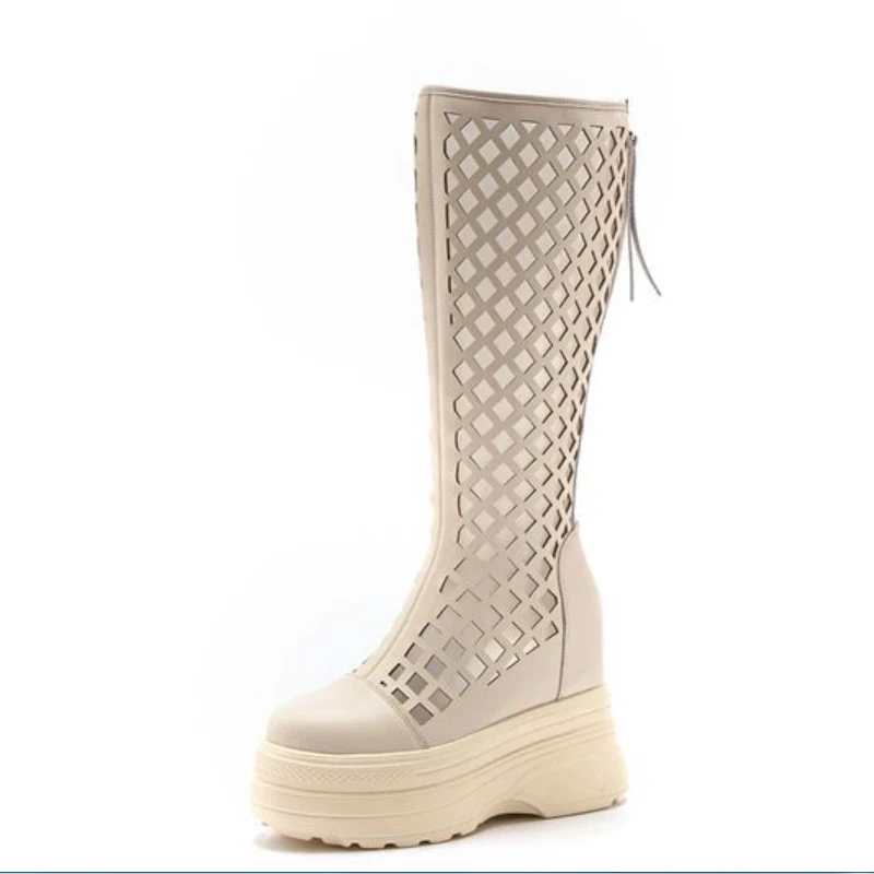 Women's Summer Slim 12 CM Hidden Height Genuine Leather Cut Out Breathable Platform Beige Zipper Knee High Boots 50606