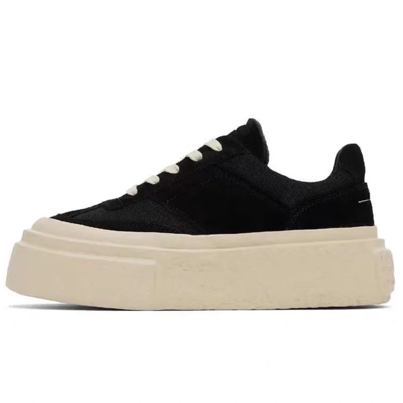 Men's Summer Chunky Sole 5cm Platform Genuine Leather Black & White Color Block Lace-Up Round Toe Non-Slip Casual Shoes 50715