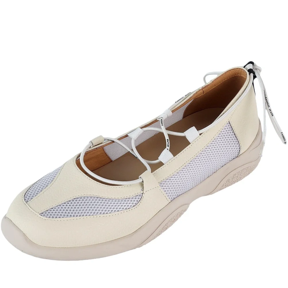 Women's Spring Summer New Slim 4.5 CM Thick Sole Genuine Leather Mesh Shallow Mouth Round Toe Cords-Tied Casual Flats 50611