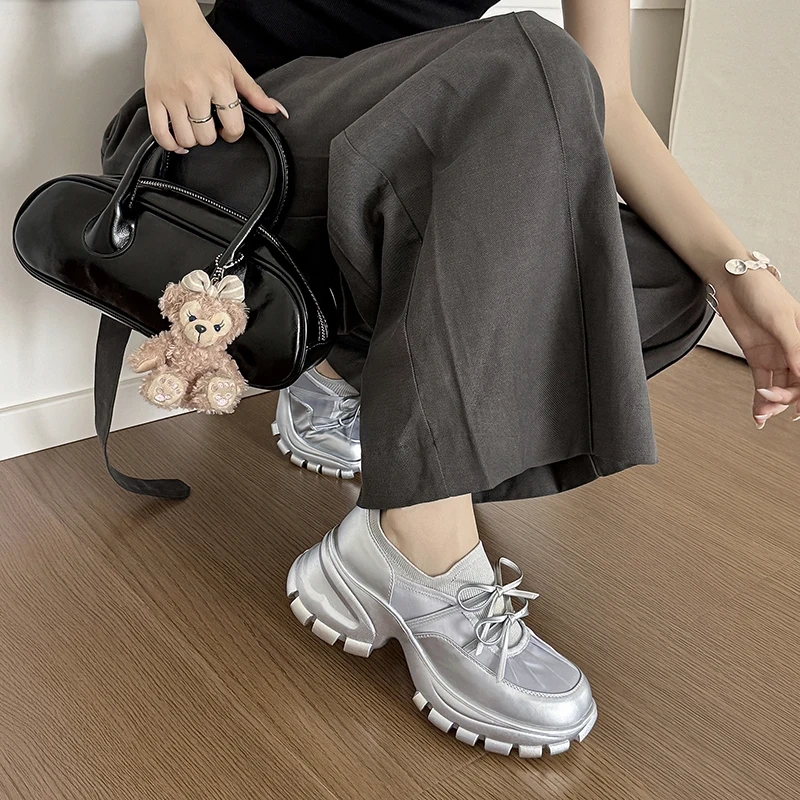 Women's New Autumn Genuine Leather Solid Color Concise Slim 7.5CM Chunky Platform Ruched Lace-Up Bowknot Casual Shoes 50727