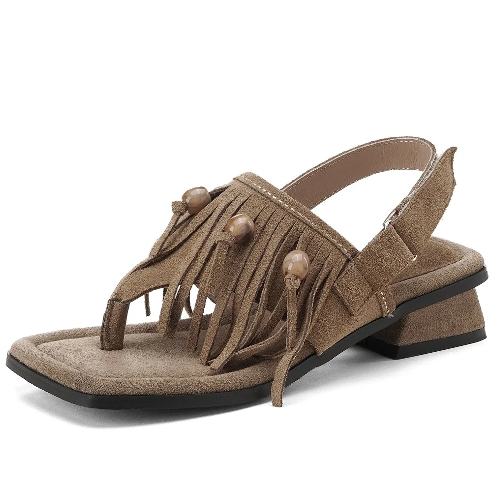 Women's Summer New 3CM Square Heel Suede Flip Flop Square Toe Hook & Loop Fringe Bead Backless Bohemian Gladiator Sandals 50619