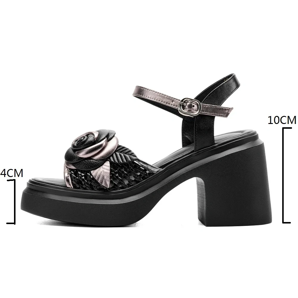 Women's Summer 10 CM Chunky Heel Genuine Leather Sandals Woven Cut out Block Floral Buckle Platform Sandals 50520