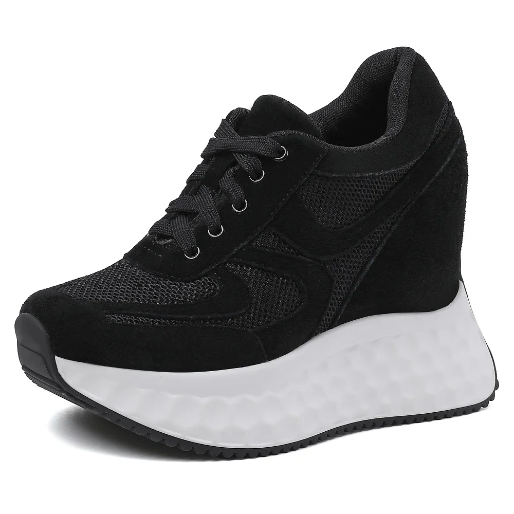 12CM Height Increase Slim Genuine Leather & Mesh Breathable Lace-Up Solid Color Concise Platform Women's Autumn Shoes 50804