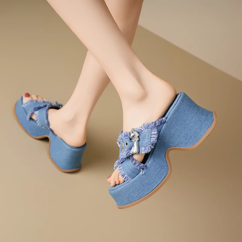 Women's Summer Fashion 9 CM Thick Sole Platform Denim Sandals Casual Open-Toe Buckle Slippers 50520