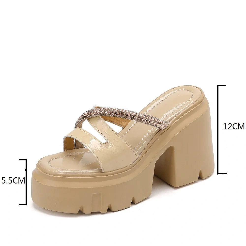 Women Summer New Patent Leather Rhinestone Sandals 12 CM Platform Chunky Heel Fashion Slippers 50507