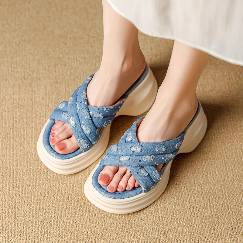 Women's Summer Fashion Denim Blue Slim 8 CM Chunky Heel Platform Wedge Bling Open Toe Gladiator Modern Slide Slippers 50528