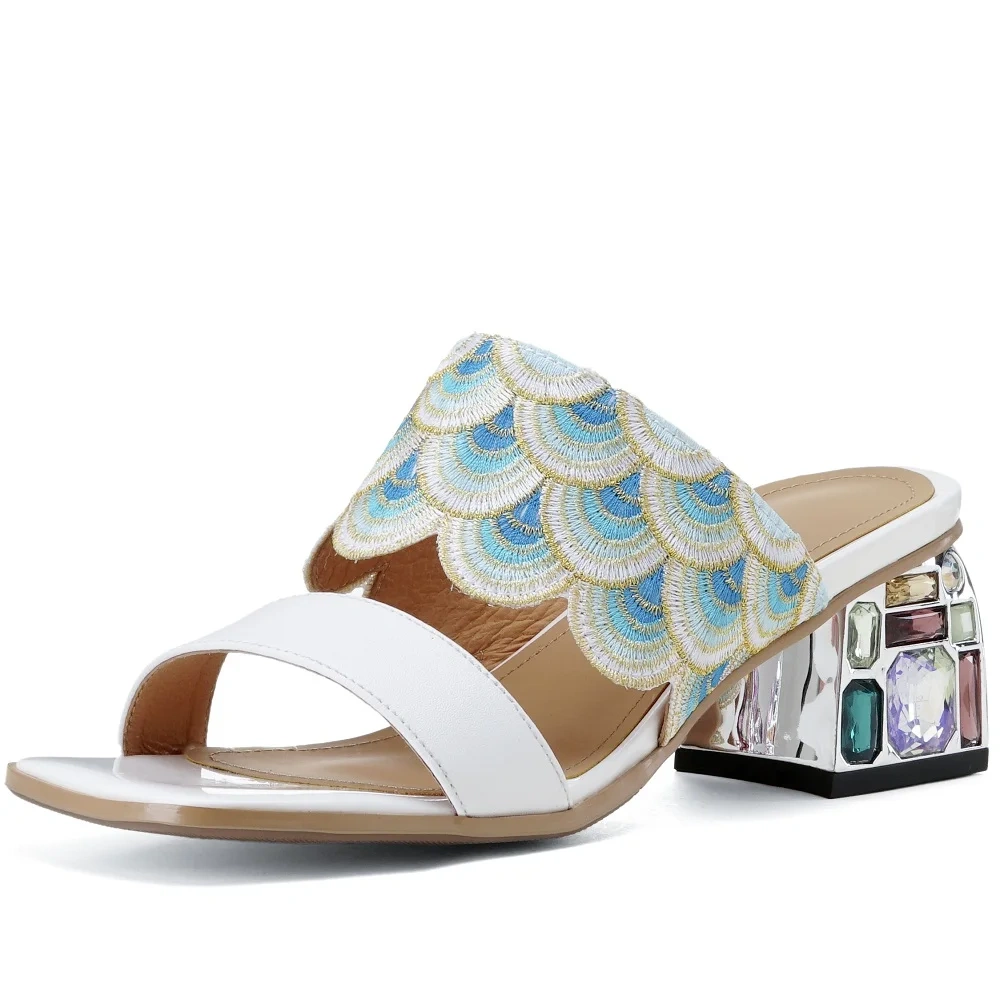Women's Summer New Slim 5 CM Chunky Heel Genuine Leather Ethnic Embroidered Open-Toe Crystals Gladiator Plus Size Slippers 50623