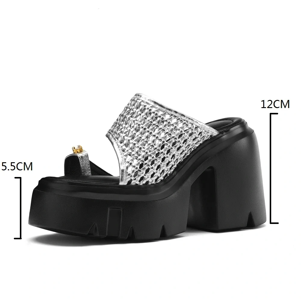 Women's Summer New Breathable Knit Open-Toe Sandals 12 CM High Heel Chunky Block Heel Platform Genuine Leather Shoes 50520