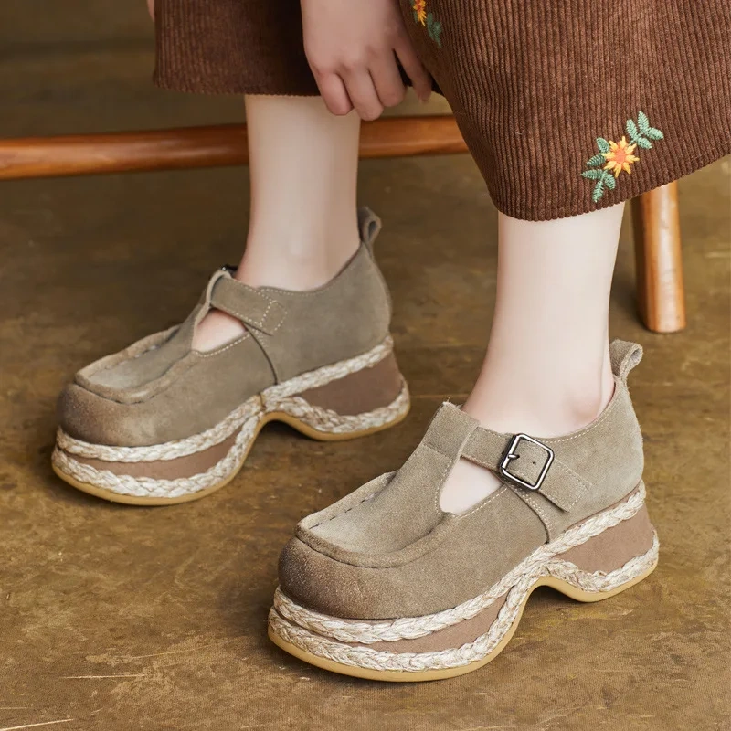 Women's Spring/Autumn New 4.5cm Chunky Heel Genuine Leather Buckle Espadrille British Style Wedge Platform Stitched Shoes 50707