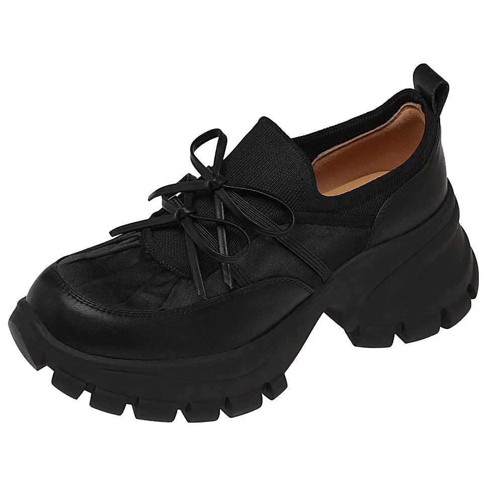 Women's New Autumn Genuine Leather Solid Color Concise Slim 7.5CM Chunky Platform Ruched Lace-Up Bowknot Casual Shoes 50727