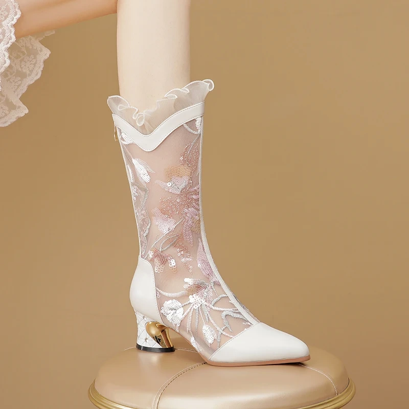 Women's Spring Summer 5.5CM Chunky Heel Genuine Leather & Mesh Embroidery Sequins Lace Crystal Zipper Plus Size Half Boots 50621