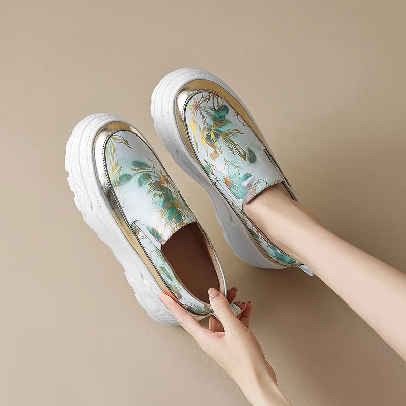 Women's Summer New Slim 8 CM Thick Sole Genuine Leather Printed Loafer Shoes Round Toe Slip On Platform Blocking Flats 50618