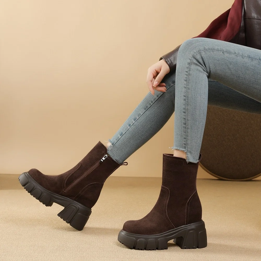 Solid Color Side Zipper 10CM Block Heel Matte Leather Platform Korean Slip On Retro Handmade Women's Autumn Winter Boots 51017