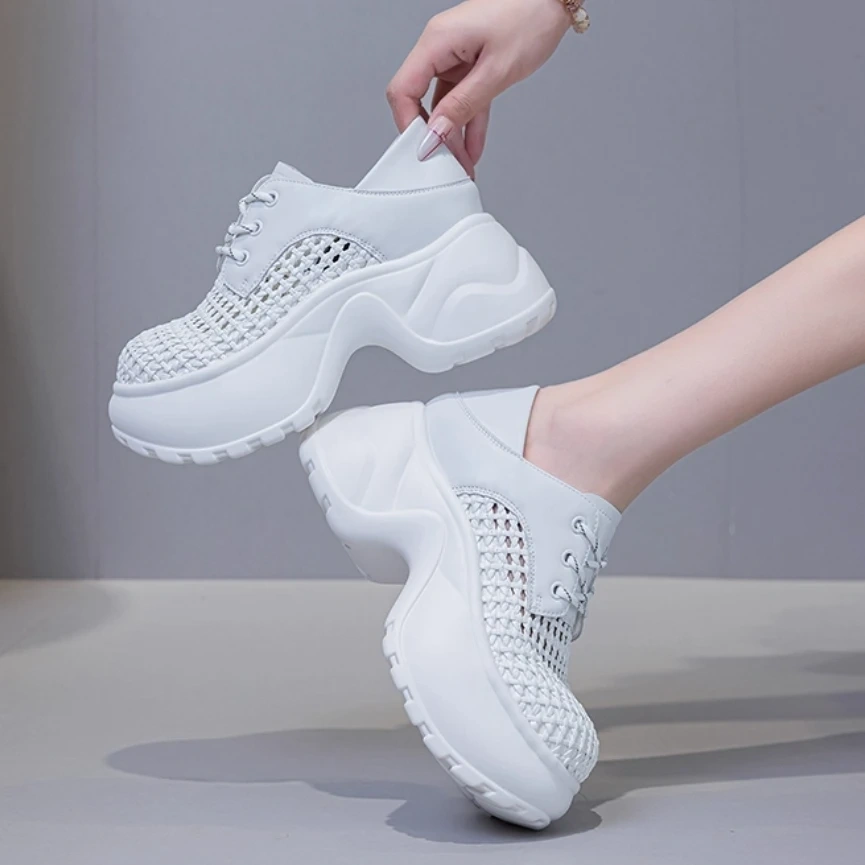Women's Summer Fashion Slim Fit 10CM High Heel Platform Genuine Leather & Mesh Hollow-Out Lace-Up Casual Solid Color Shoes 50713