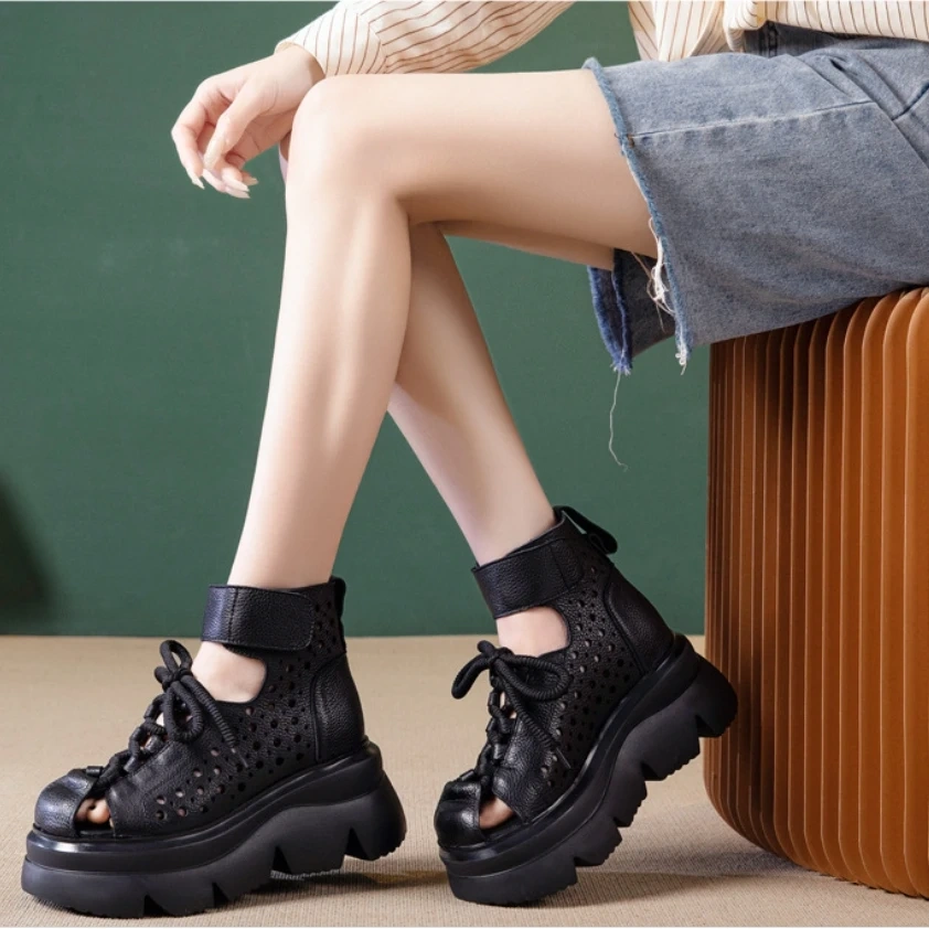 Women's Summer New Slim 8 CM Wedge Heel Genuine Leather Peep Toe Platform Lace Up Hook & Loop Gladiator Casual Sandals 50607