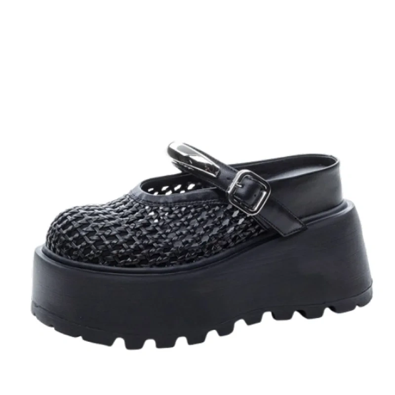Women's Summer Fashion 10 CM Thick Sole Genuine Leather Sandals Closed Toe Hollow Out Metal Buckle Slippers 50524