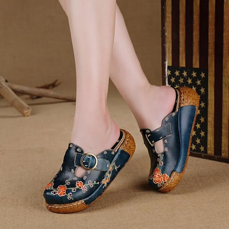 Women's Summer New 5CM Thick Sole Genuine Leather Metal Buckle Color-Block Floral Print Closed Toe Handmade Retro Slippers 50530