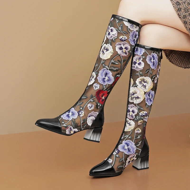 Women Spring 5.5CM Block Heel Genuine Leather & Mesh Embroidery Retro Ethnic Pointed Toe Zipper Ankle Plus Size Long Boots 50621