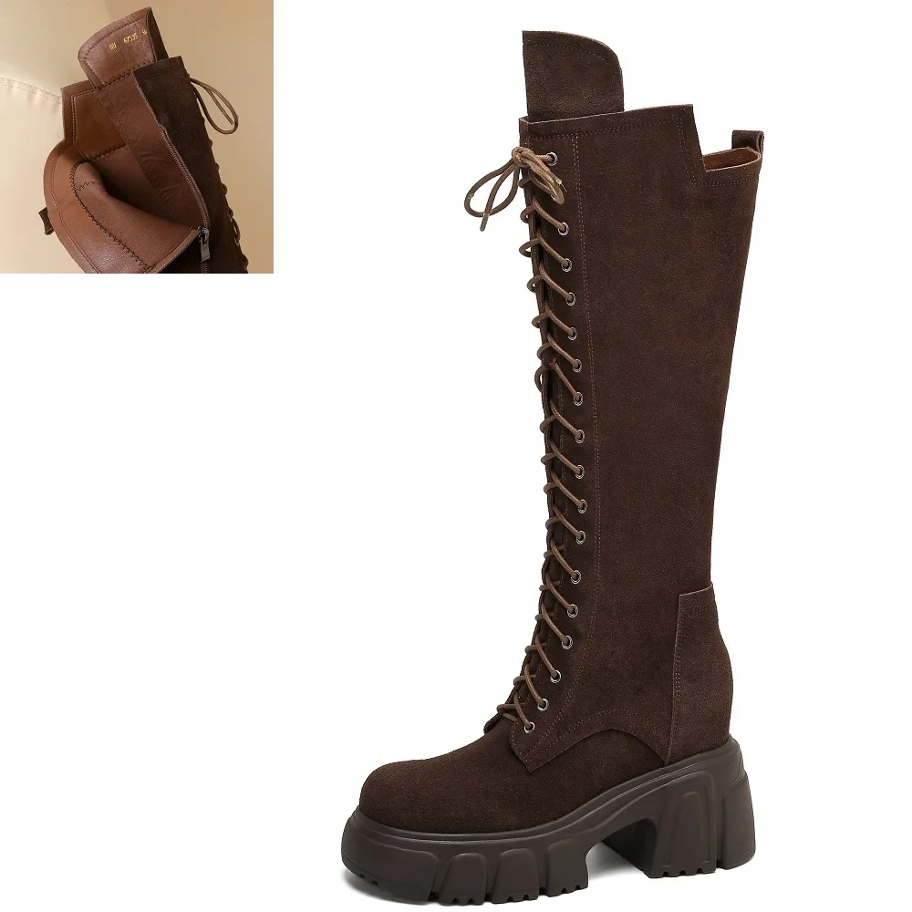 Suede Leather Knee High Boots 10CM Block Heel Lace Up British Style Brown Retro Slimming Petite Women's Autumn Winter Boots51021