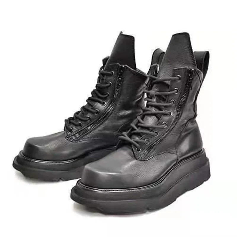 Spring Autumn New Retro Chunky Bottom Platform Sewing Genuine Leather Men Mid-Calf Riding Equestrian Boots Winter Plush 2306