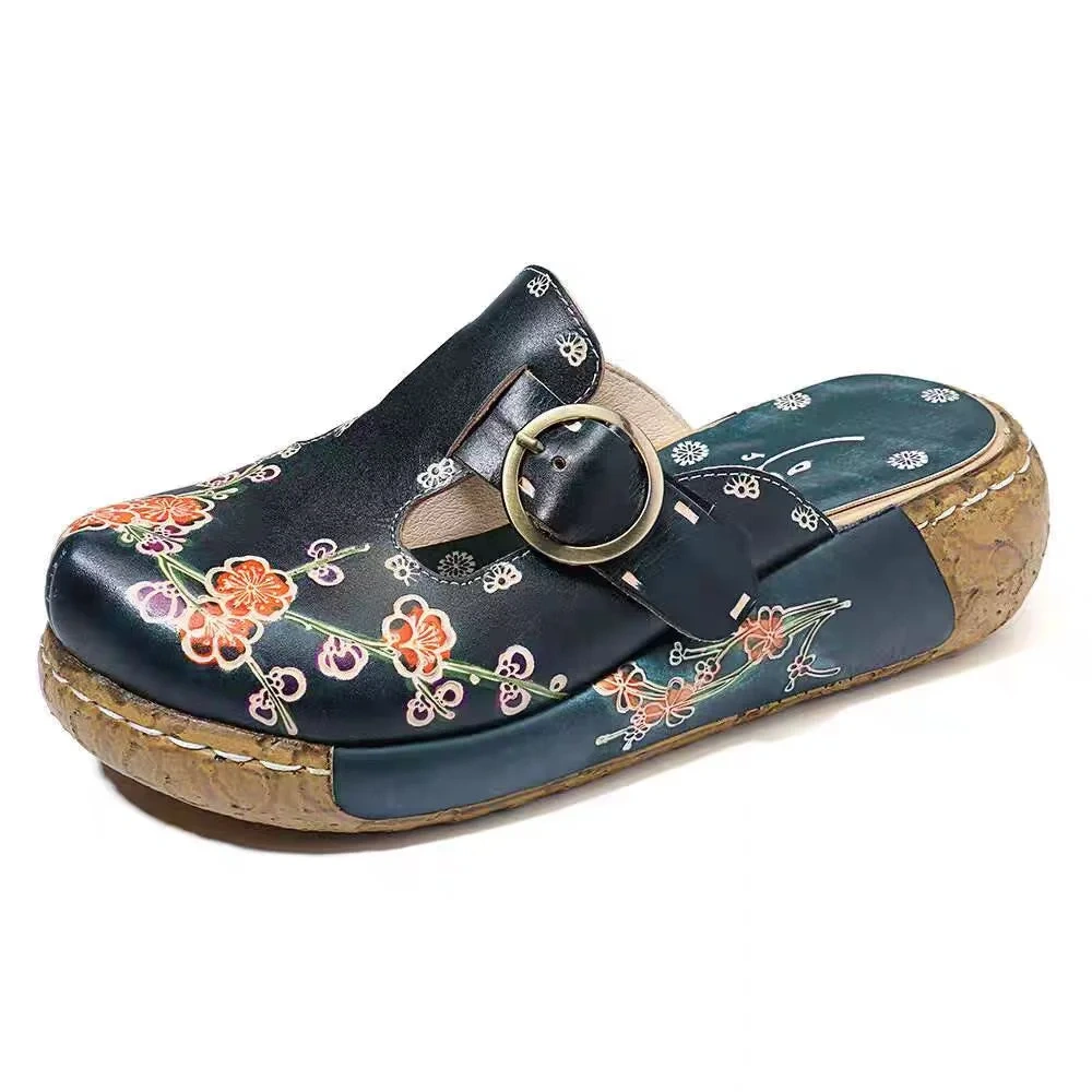 Women's Summer New 5CM Thick Sole Genuine Leather Metal Buckle Color-Block Floral Print Closed Toe Handmade Retro Slippers 50530