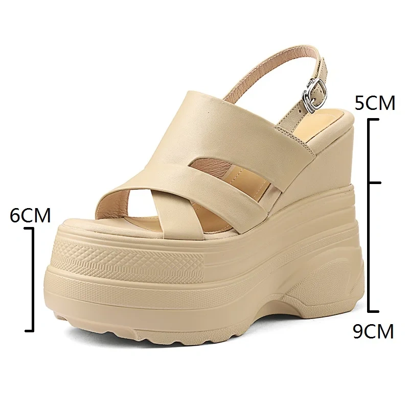 Women's Summer New Slim 14CM Wedge Heel Genuine Leather Cross Strap Cut-Out Buckle Peep Toe Solid Color Gladiator Sandals 50709