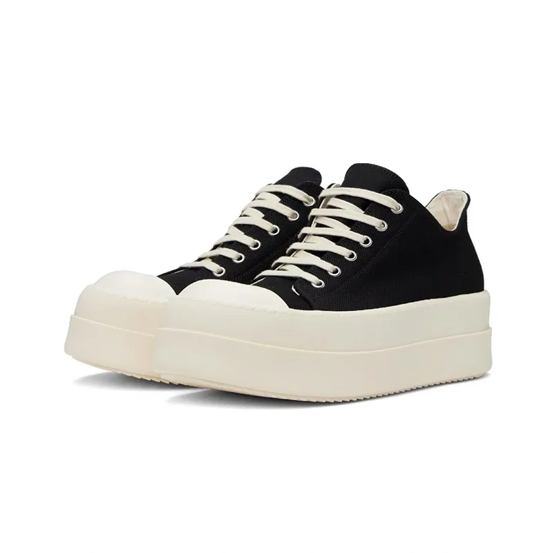 Men's Summer Spring New Sole 5cm Platform Genuine Leather Canvas Black White Color Block Round Toe Lace-Up Casual Shoes 50715