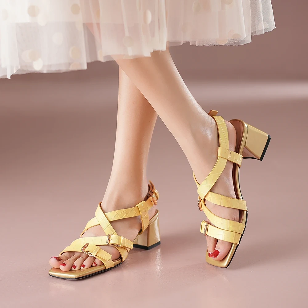 Women's Summer New Fashion Slim 5 CM Chunky Heel Genuine Leather Buckle Open Toe Open Back Soild Color Gladiator Sandals 50616
