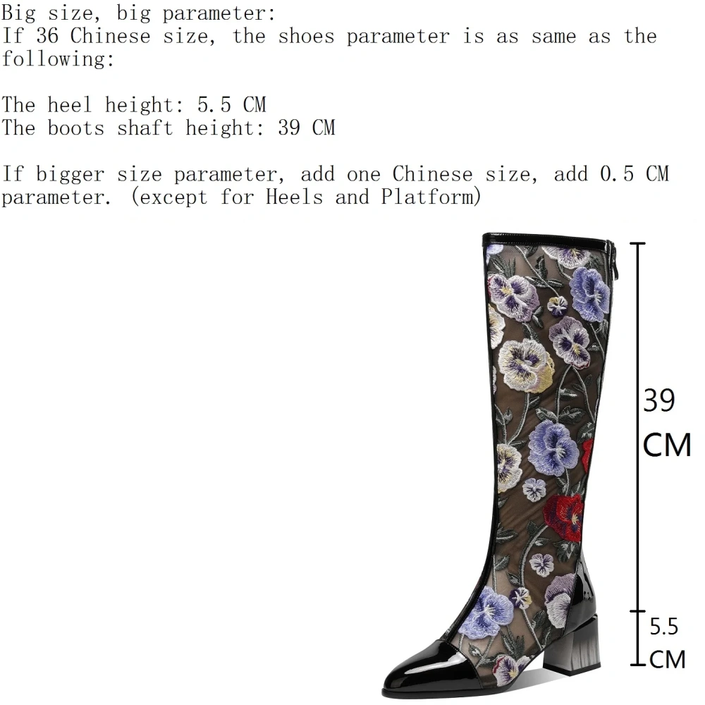 Women Spring 5.5CM Block Heel Genuine Leather & Mesh Embroidery Retro Ethnic Pointed Toe Zipper Ankle Plus Size Long Boots 50621