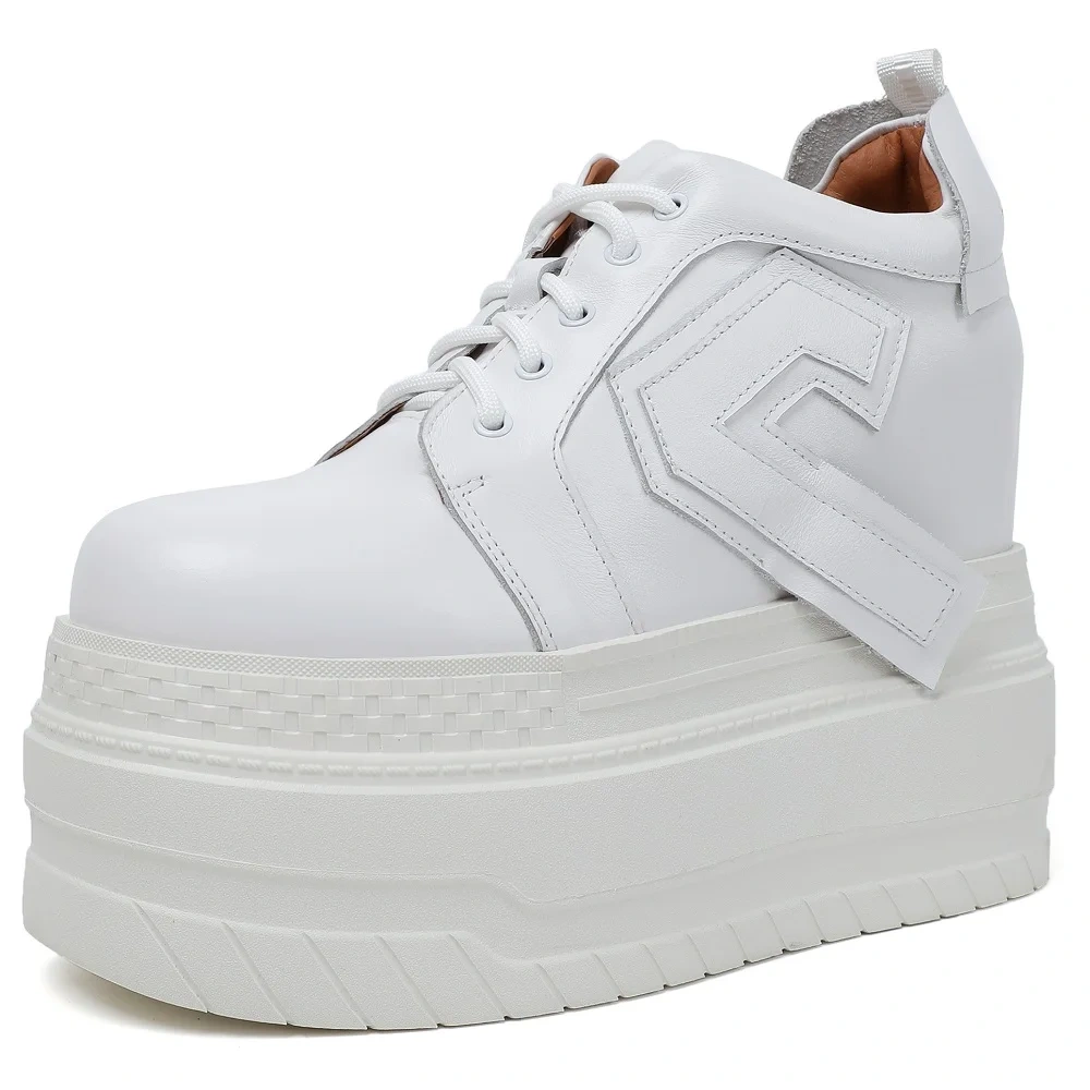 Women's Autumn Genuine Leather Round Toe Lace-Up Casual Shoes 12CM Inner Heightening Sole Solid Color Platform Sneakers 50903