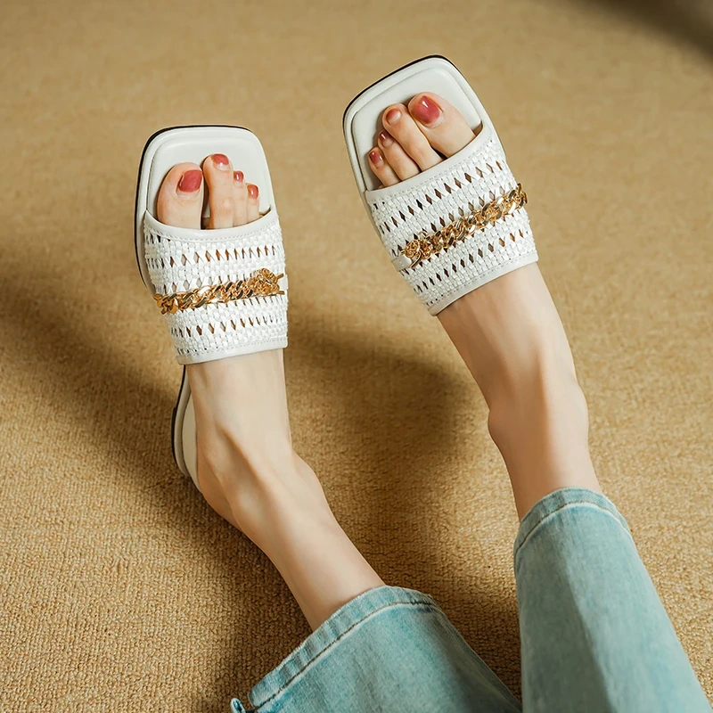 Women's Summer New Slim 3 CM Wedge Woven Cut Out Metal Chain Open Toe Square Toe Handmade French Fashion White Slippers 50618