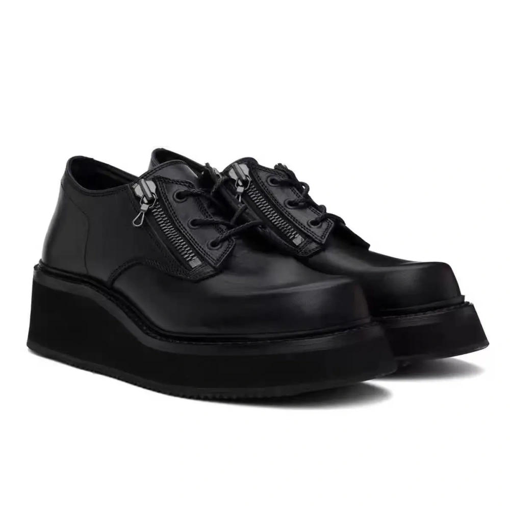 Men's Chunky Heel 7.5cm Platform Genuine Leather Solid Color Lace-Up & Zipper Round Toe Casual Height Increase Shoes 50716