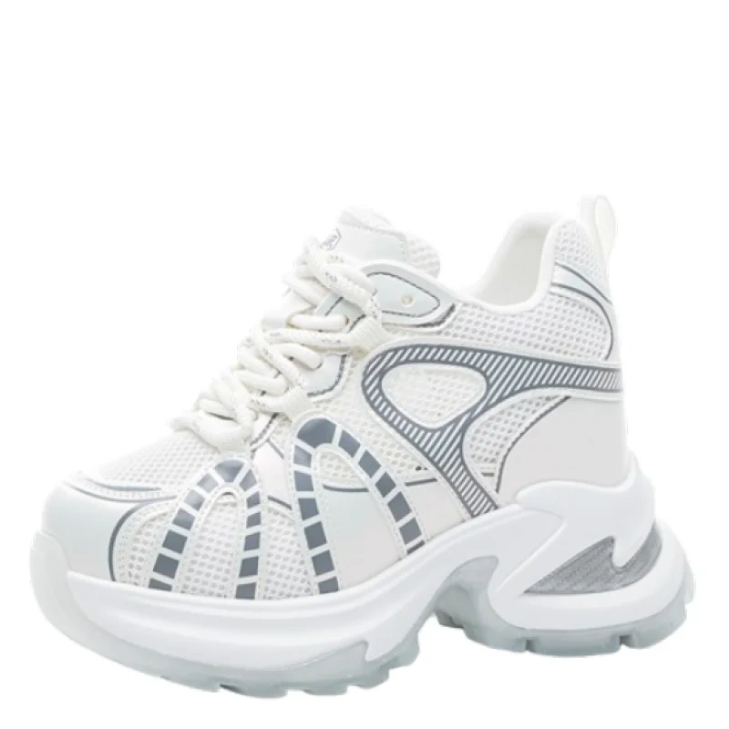 Women's Summer 12 CM Height Increase Genuine Leather & Mesh Breathable Sneakers Hollow Out Lace-Up Color Blocking Shoes 50523