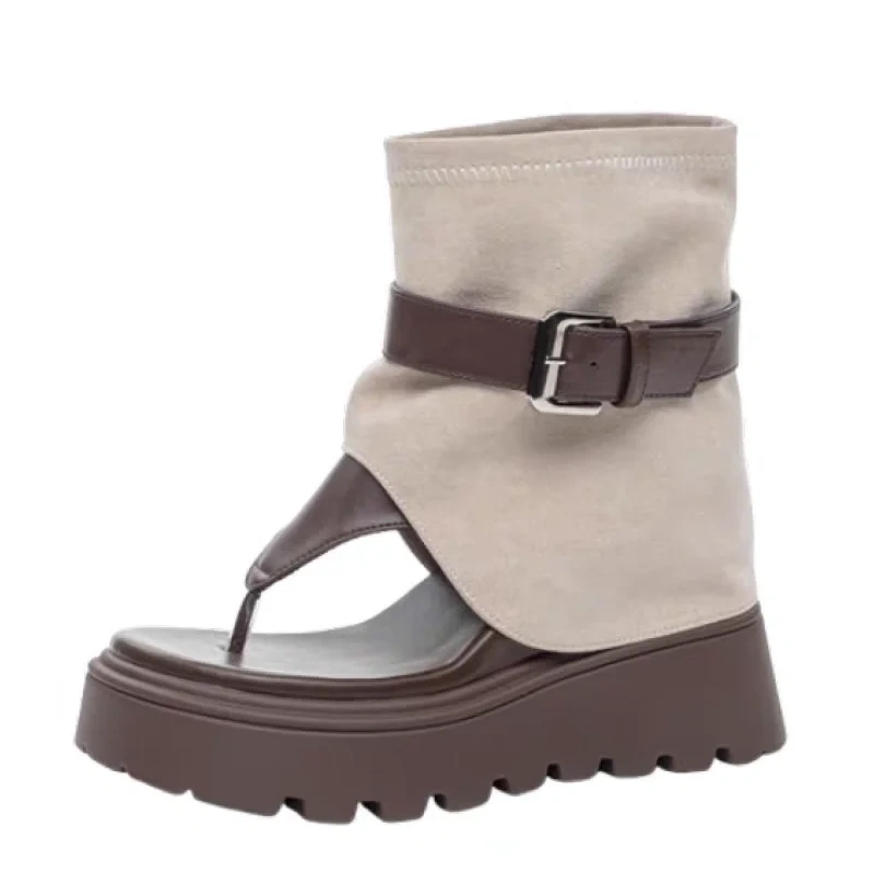Women's Summer New Slim 12 CM Inner Heightening Genuine Leather Toe Pinching Platform Belt Buckle Gladiator Ankle Boots 50708