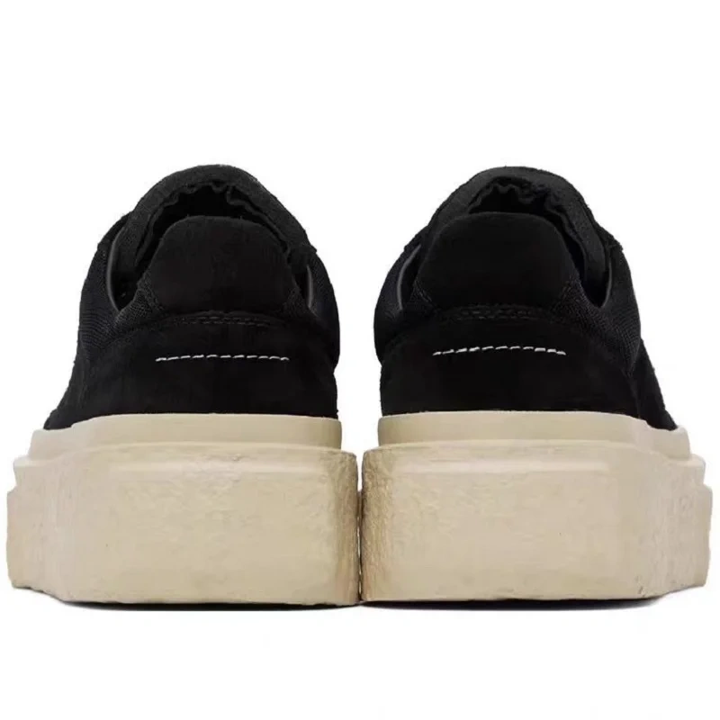 Men's Summer Chunky Sole 5cm Platform Genuine Leather Black & White Color Block Lace-Up Round Toe Non-Slip Casual Shoes 50715