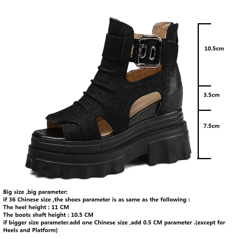 Summer New Slim Height Increasing Platform Peep Toe Metal Buckle Pleated Cut Out Genuine Leather Women Ankle Short Rome Boots