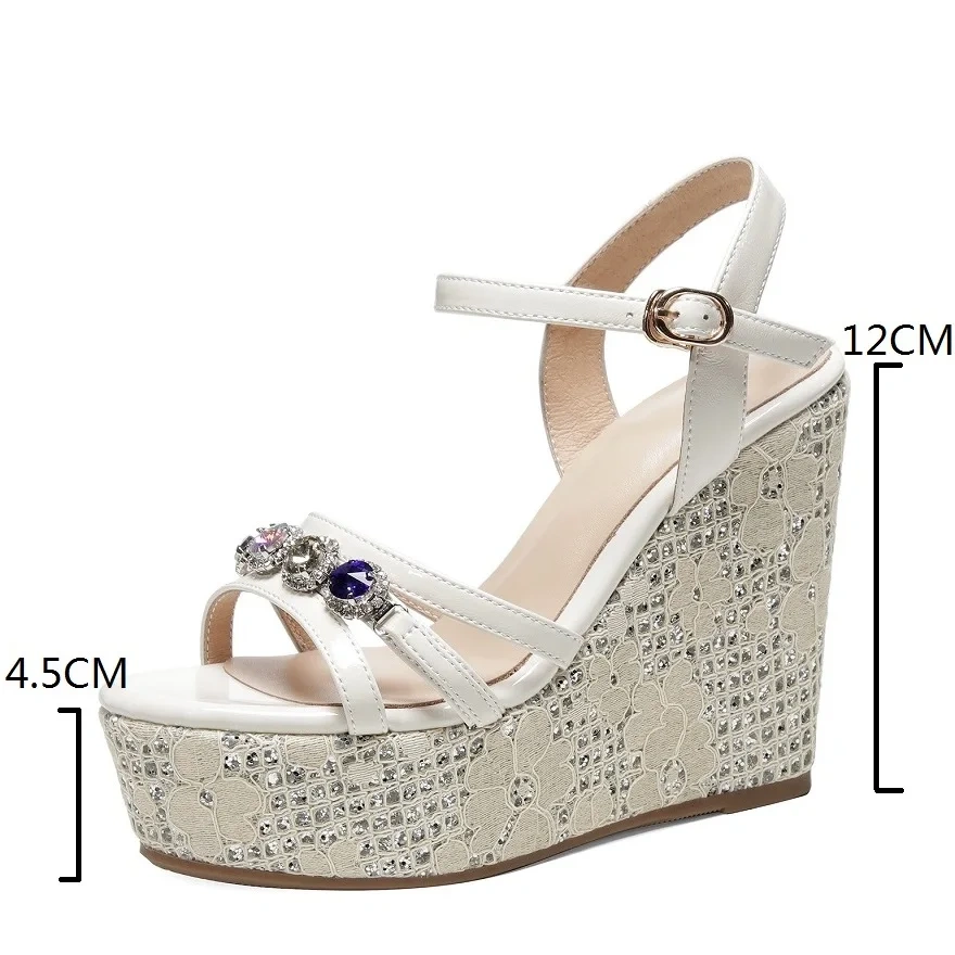 Women's Summer Fashion Slim 12CM High Wedge Heel Genuine Leather Printed Crystals Open-Toe Buckle Platform Glitter Sandals 50711