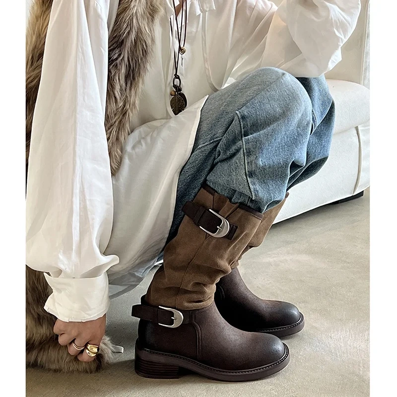 Women's 2025 Autumn Winter Color-Blocking Genuine Leather Buckle Round Toe 4.8CM Block Heel Retro Mid-Calf Stacked Boots 50730