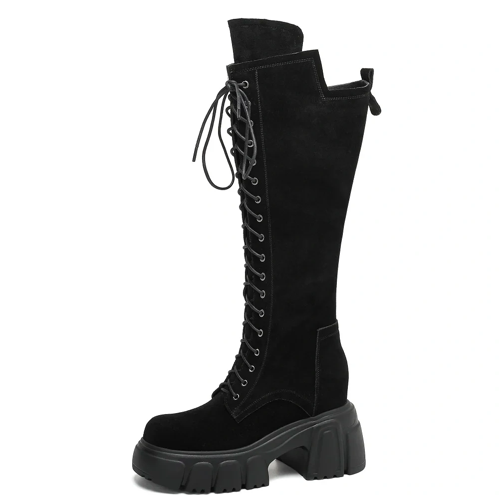 Suede Leather Knee High Boots 10CM Block Heel Lace Up British Style Brown Retro Slimming Petite Women's Autumn Winter Boots51021