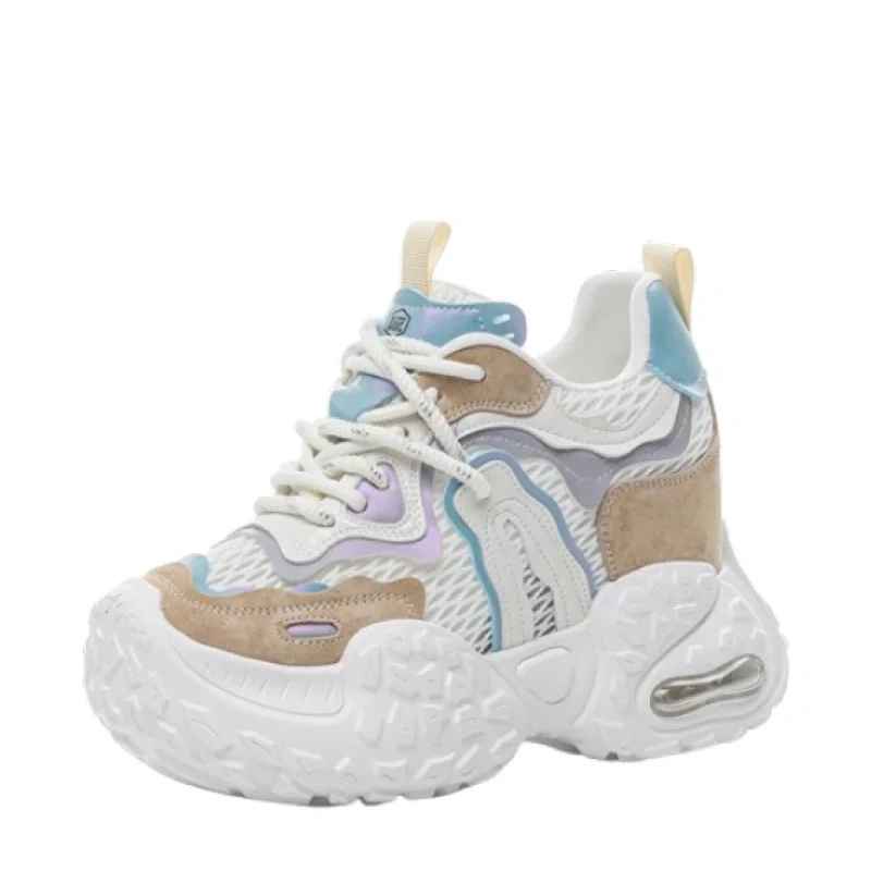 Women's Summer 12 CM Platform Genuine Leather & Mesh Breathable Upper Purple Sneakers Color Block Lace-Up Green Shoes 50524