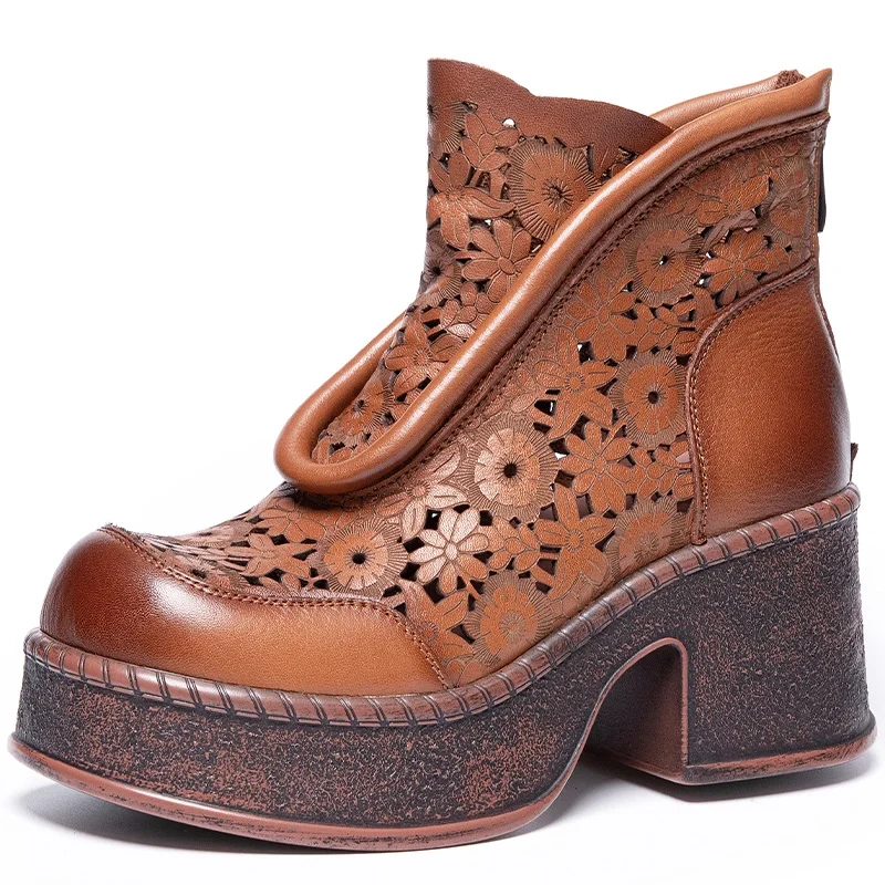 Women's Spring Summer Slim 7.5 CM Chunky Heel Genuine Leather Platform Floral Cut Out Embroidery Retro Chinese Ankle Boots 50603