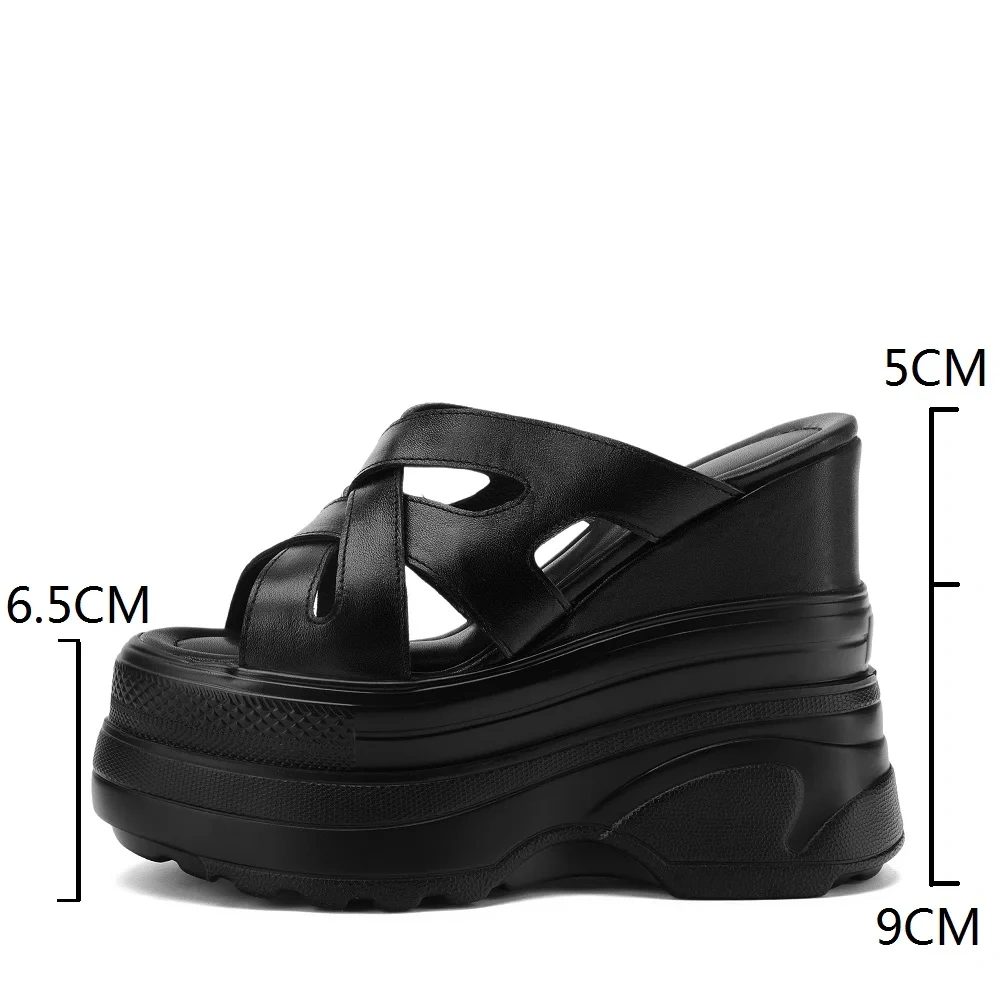 Women's Summer 14 CM Wedge Platform Genuine Leather Roman Slippers Open Toe Gladiator Hollow Out White Sandals 50521