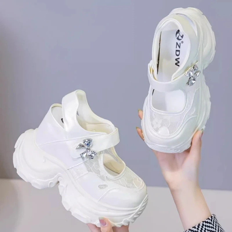 Women's Summer 12 CM Platform Mary Jane Genuine Leather Lace Mesh Pumps Round Toe Shallow Mouth Rhinestones Sandals 50523