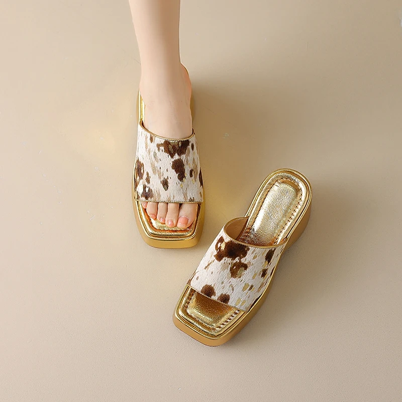 Women's Summer New Fashion 8.5 CM Chunky Heel Genuine Leather Square Toe Open-Toe Platform Horsehair Wedge Slippers 50618