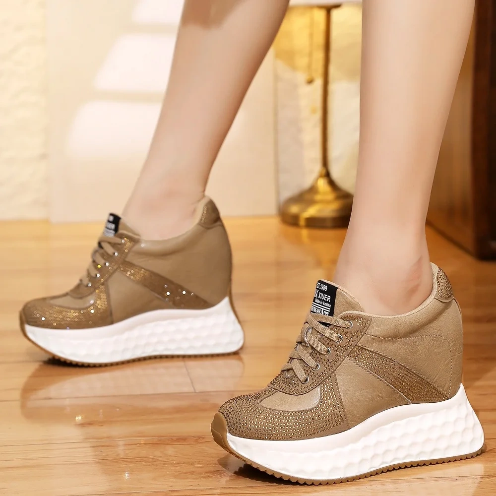 Women's Autumn New Fashion Genuine Leather Crystals Slim 12CM Hidden Wedge Heel Lace-Up Platform Soild Color Concise Shoes 50806