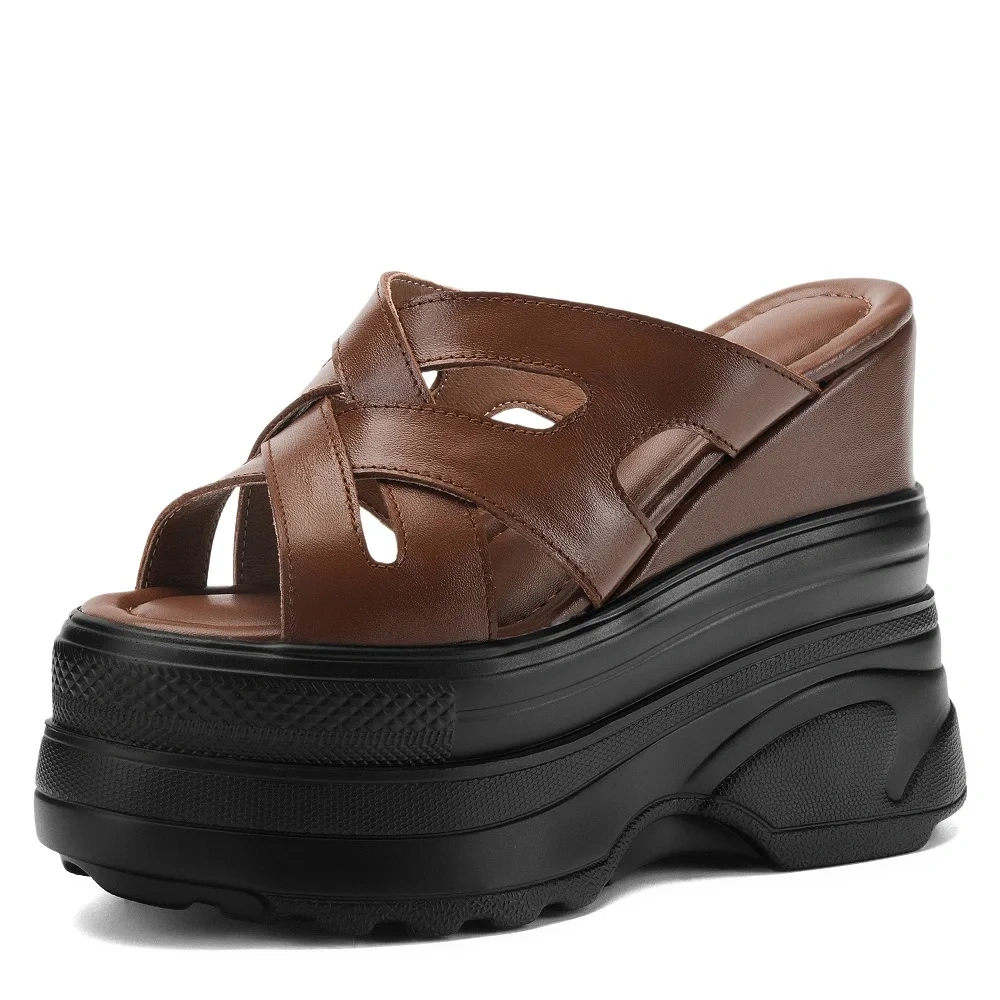Women's Summer 14 CM Wedge Platform Genuine Leather Roman Slippers Open Toe Gladiator Hollow Out White Sandals 50521