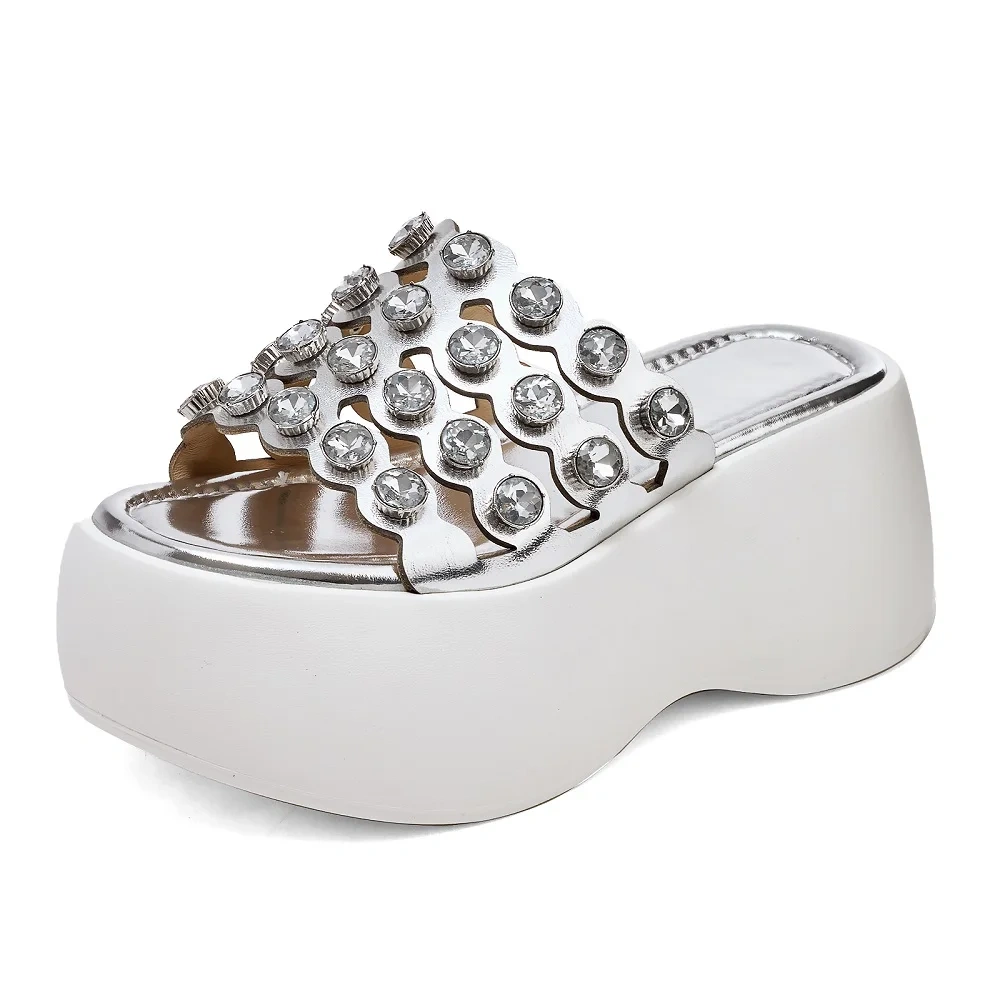 Women's Summer Fashion Slim 8 CM Thick Sole Flat Genuine Leather Open Toe Platform Cut Out Crystals Gladiator Slippers 50528