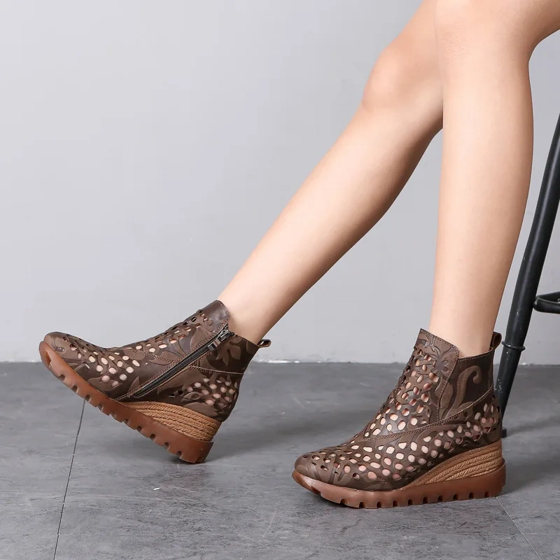 Summer New British Style Retro Wedges Hollow Embroidery Zipper Genuine Leather Women Ankle Short Riding Equestrian Boots 2404