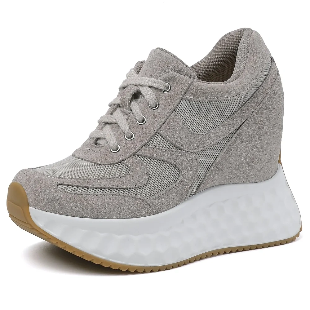 12CM Height Increase Slim Genuine Leather & Mesh Breathable Lace-Up Solid Color Concise Platform Women's Autumn Shoes 50804